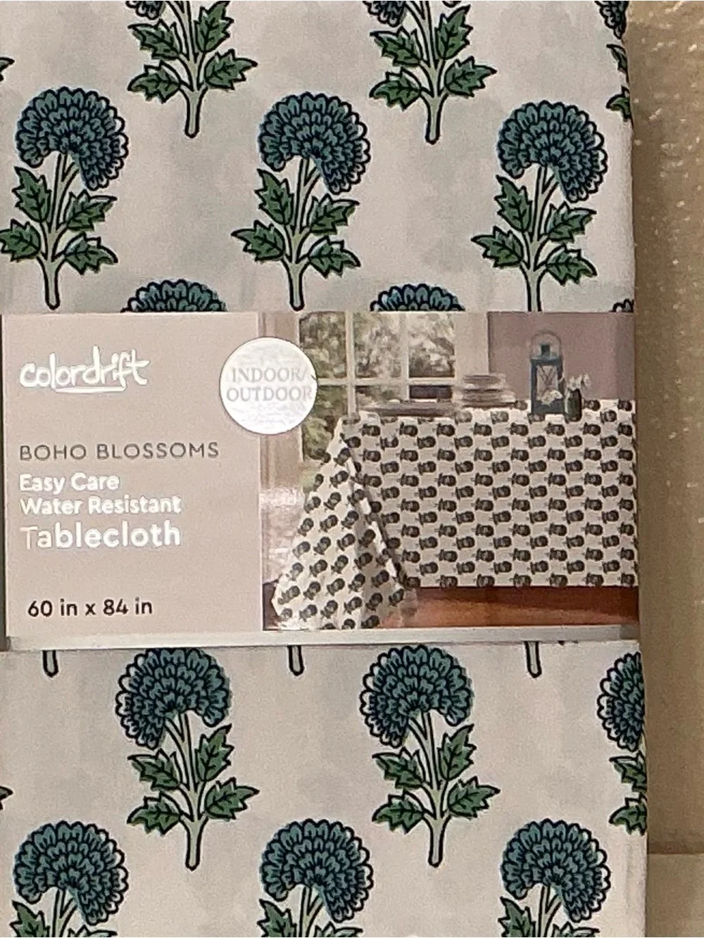 Colordrift Green & Blue Print Boho Flowers Indoor/Outdoor Tablecloth